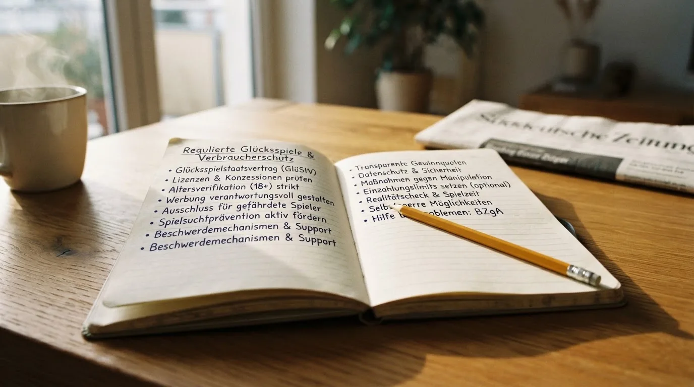 Ein Notizbuch mit handgeschriebenen Stichpunkten und ein Bleistift liegen auf einem Holztisch im Morgenlicht.