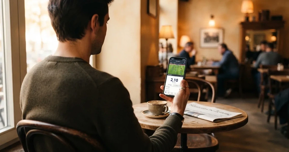 Eine Hand hält ein Smartphone mit dunklem Display, im Hintergrund unscharf ein Café-Tisch mit einer Tasse.