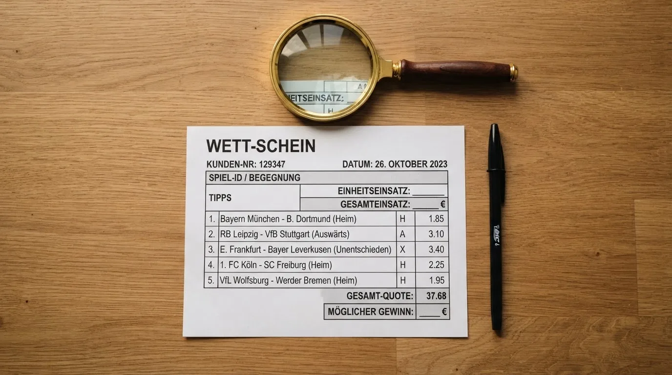 Ein leerer Wettschein aus Papier und ein Kugelschreiber liegen auf einem Schreibtisch neben einer Lupe.