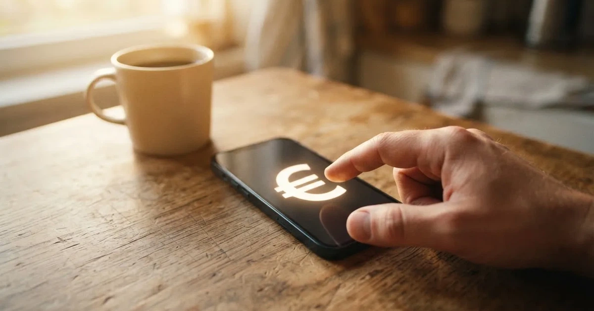 Ein Daumen schwebt über einem Smartphone mit dunklem Display, das auf einem Küchentisch neben einer Tasse liegt.