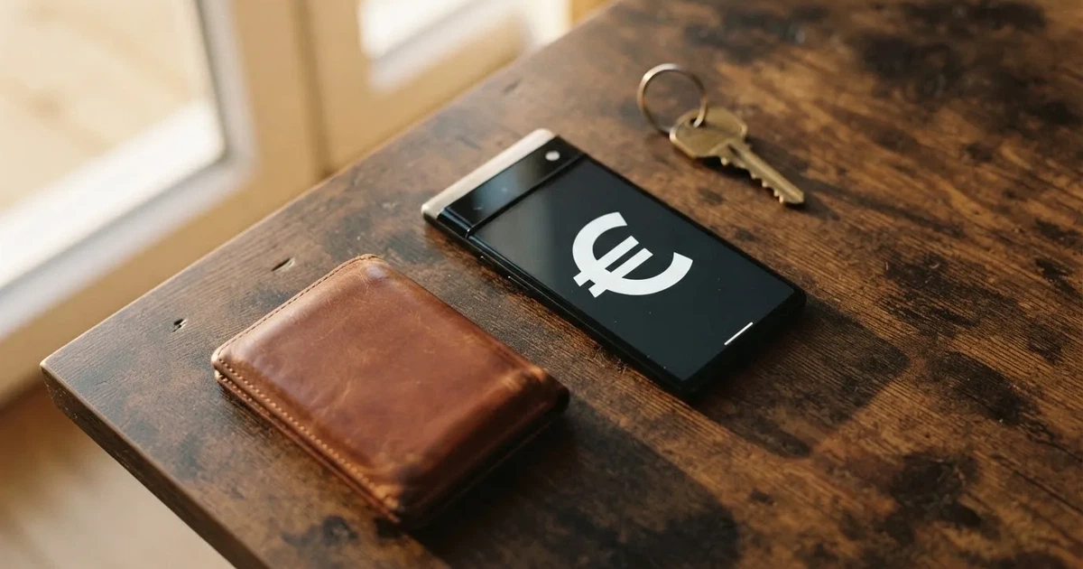 Ein Smartphone mit dunklem Display liegt neben einer Geldbörse und einem Schlüssel auf einem Tisch.