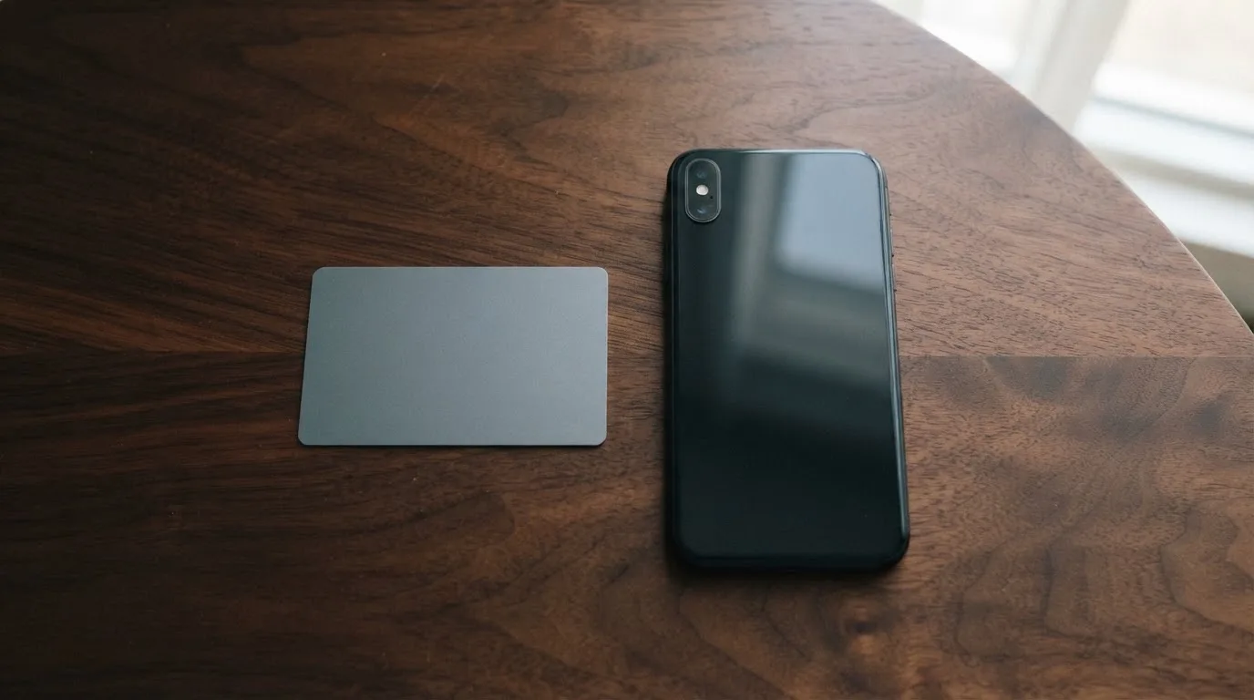 Eine Bankkarte ohne Aufdruck liegt neben einem Smartphone mit dunklem Display auf einem Holztisch.