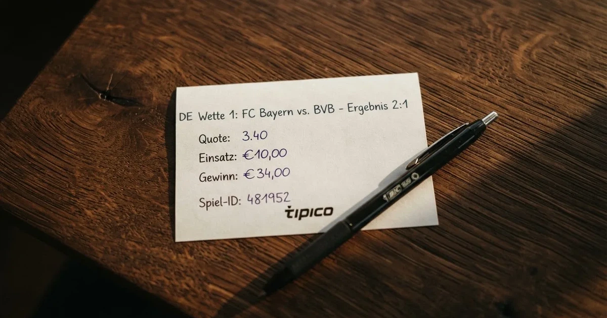 Ein leerer Papier-Wettschein liegt neben einem Kugelschreiber auf einem Tisch, ohne lesbaren Aufdruck.