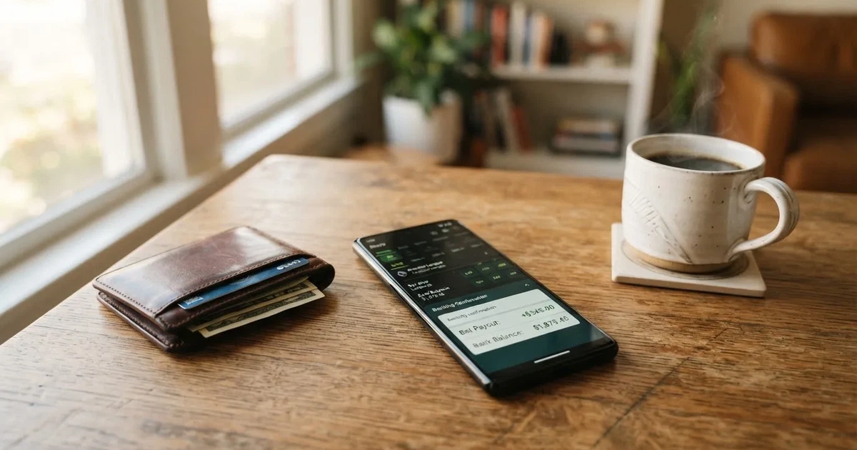 Ein Smartphone mit dunklem Display liegt auf einem Tisch neben einer Geldbörse und einer Tasse Kaffee.