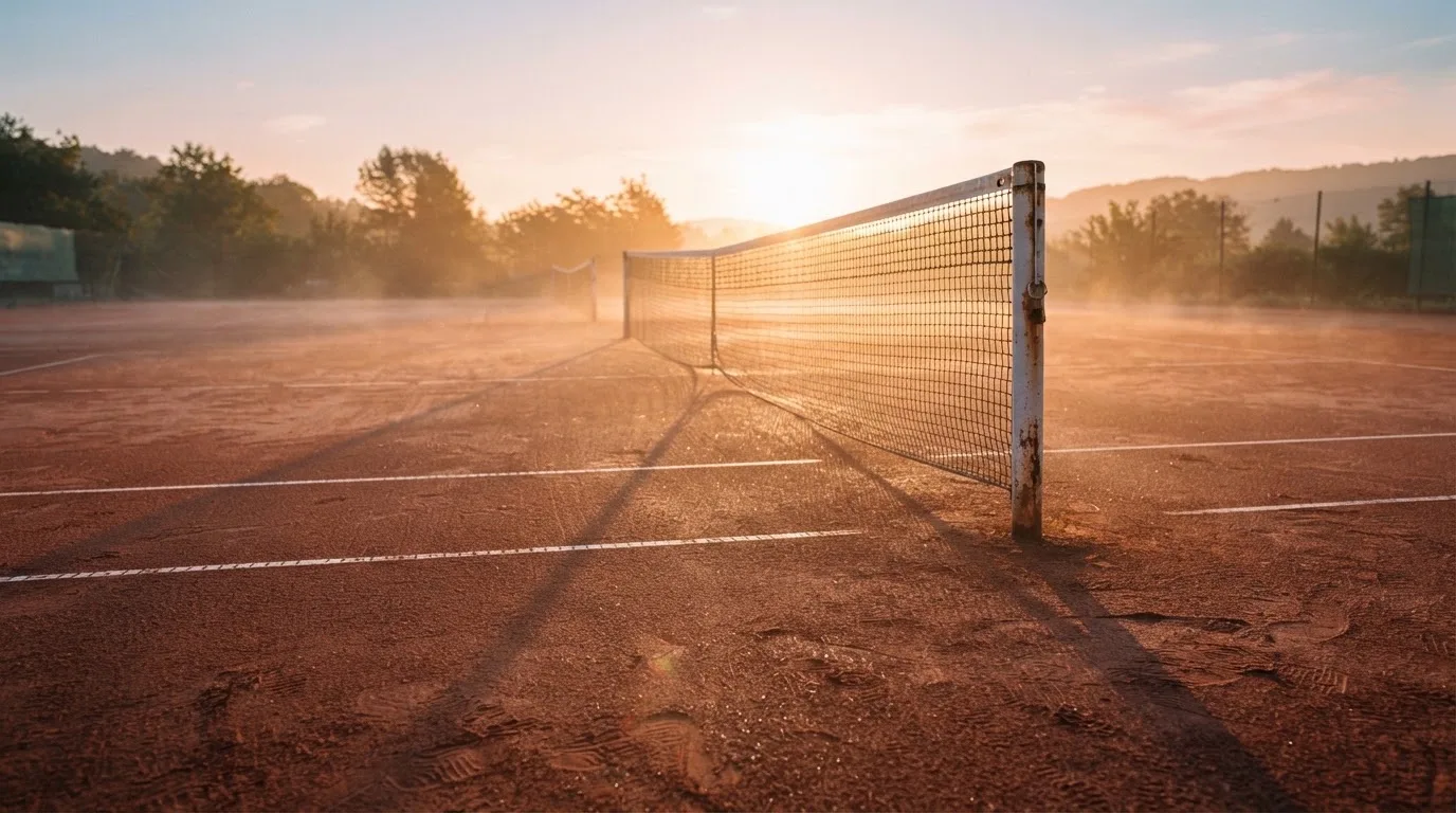 Ein Tennisplatz aus Sand bei Sonnenaufgang, das Netz im Gegenlicht, kein Mensch zu sehen.
