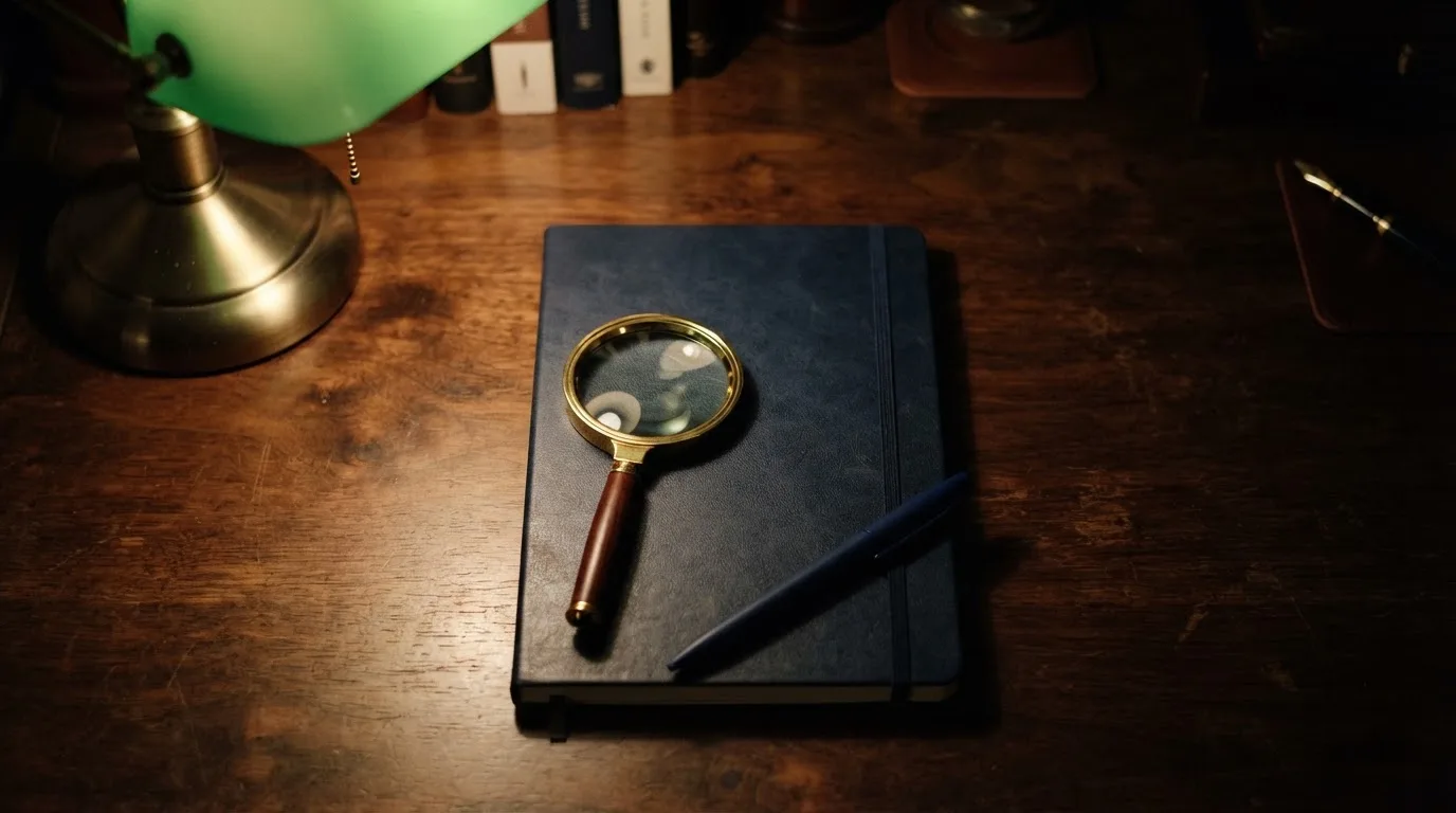 Ein Schreibtisch mit Lupe und leerem Block unter einer Lampe in einem ruhigen Raum.