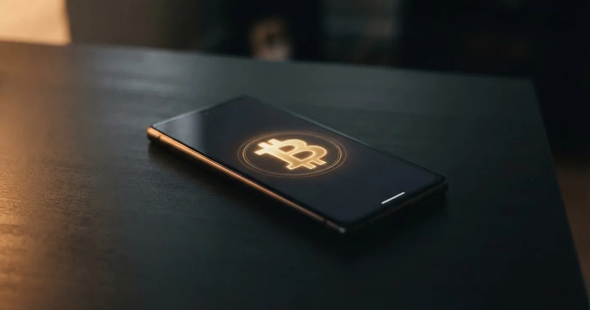 Eine einzelne goldfarbene Münze ohne Prägung liegt auf einem dunklen Tisch, daneben ein ausgeschaltetes Smartphone.