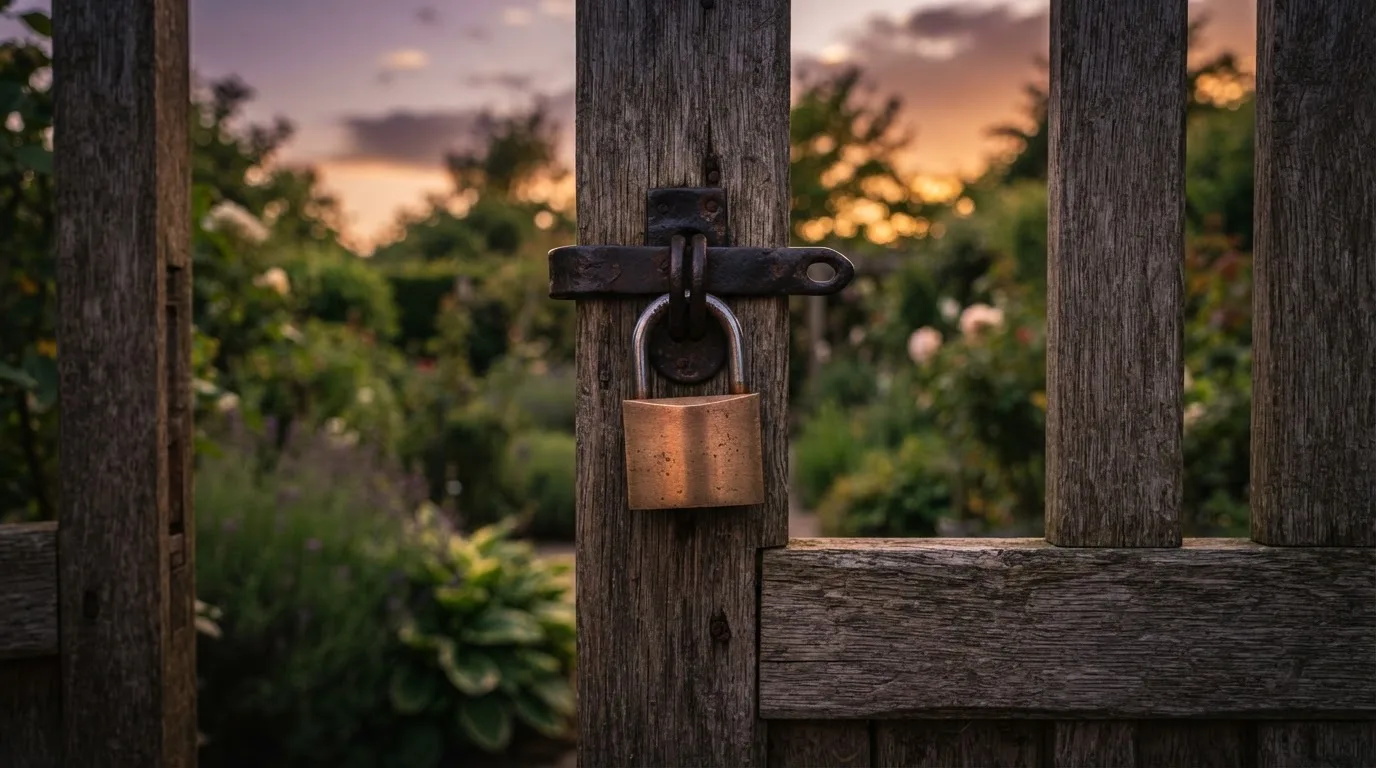 Ein Vorhängeschloss hängt an einem Holztor, dahinter unscharf ein Garten im Abendlicht.