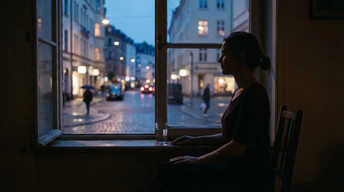 Die Silhouette einer Person sitzt am Abend am Fenster und blickt auf eine Straße, auf dem Fensterbrett steht ein Glas Wasser.