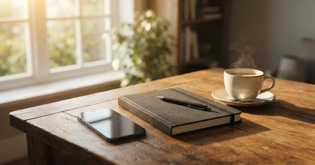 Ein Holzschreibtisch im Morgenlicht mit geschlossenem Notizbuch, Kugelschreiber und Kaffeetasse, daneben ein Smartphone mit dunklem Bildschirm.