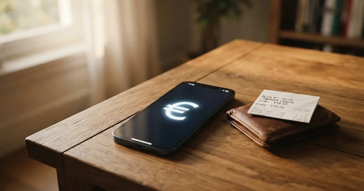 Ein Smartphone mit dunklem Bildschirm liegt neben einer Geldbörse und wenigen Münzen auf einem Holztisch im weichen Fensterlicht.