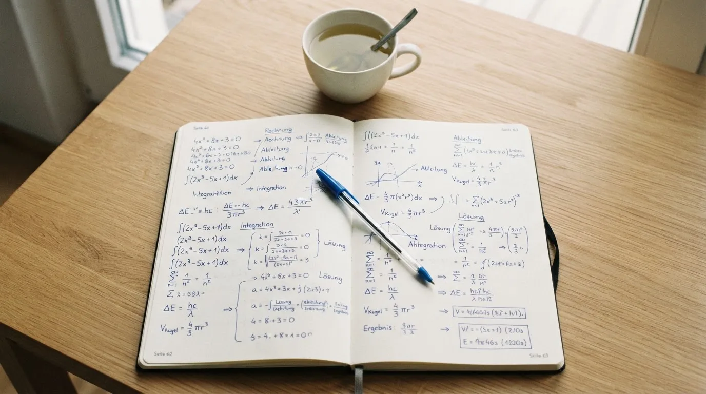 Ein Notizbuch mit handgeschriebenen Rechnungen und ein Taschenrechner auf einem hellen Schreibtisch neben einer Tasse Tee.