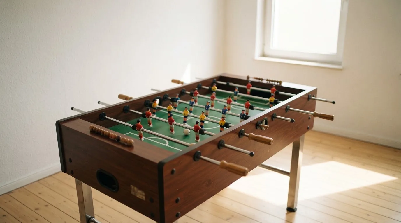 Ein Tischkicker in einem leeren Raum, die Spielfiguren in Reihe, Tageslicht fällt durch ein großes Fenster.