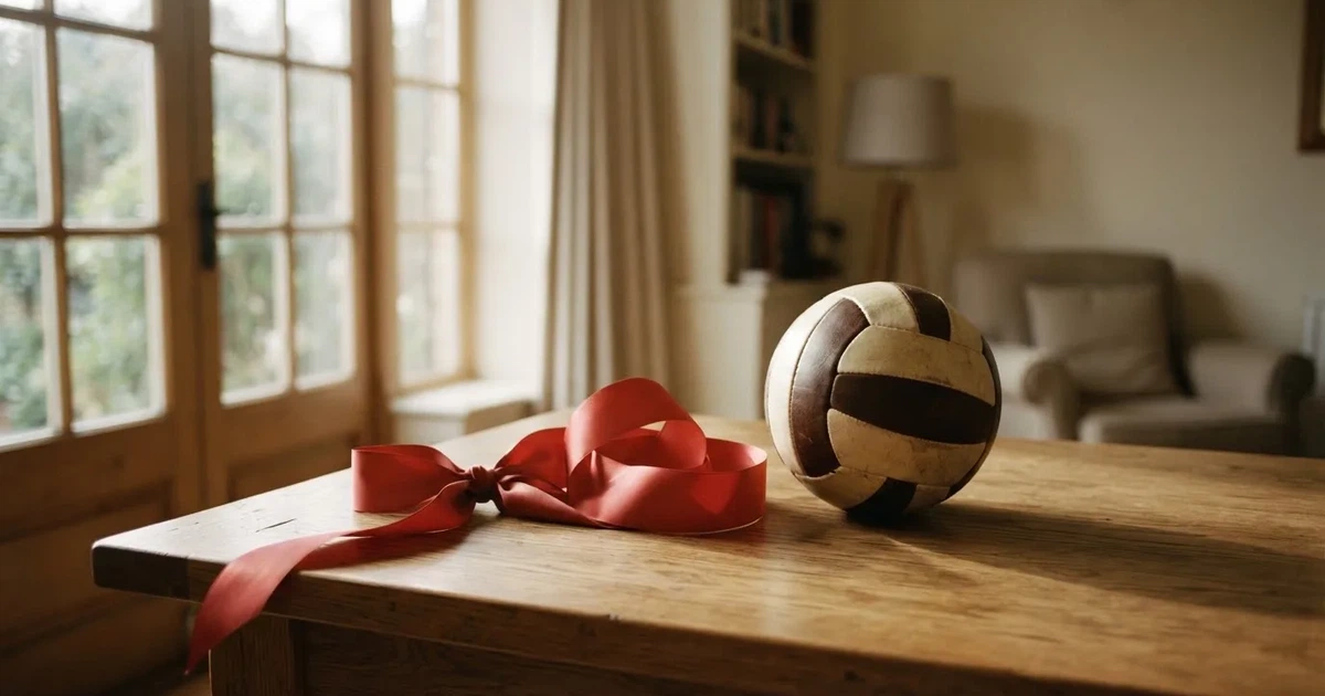 Ein Geschenkband liegt neben einem Fußball auf einem Holzboden, gedämpftes Licht fällt von einem Fenster herein.