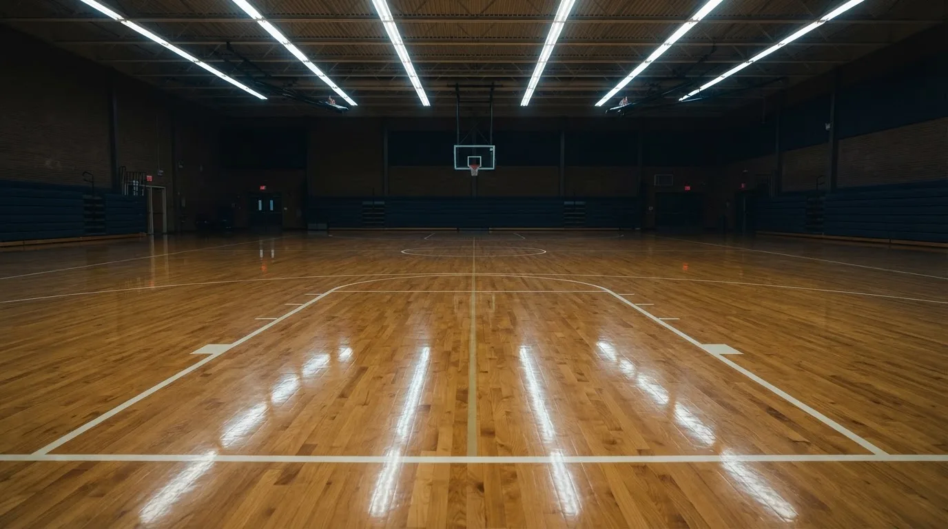 Ein Basketballfeld in einer leeren Halle, das Parkett spiegelt das Licht der Deckenlampen.