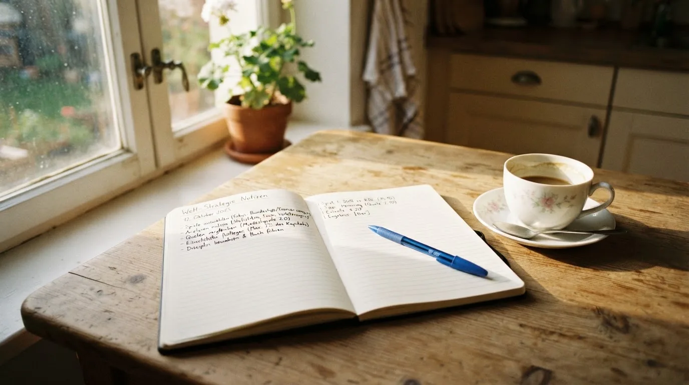 Eine Tasse Kaffee, ein Kugelschreiber und ein aufgeschlagenes leeres Notizbuch auf einem Küchentisch am Fenster.