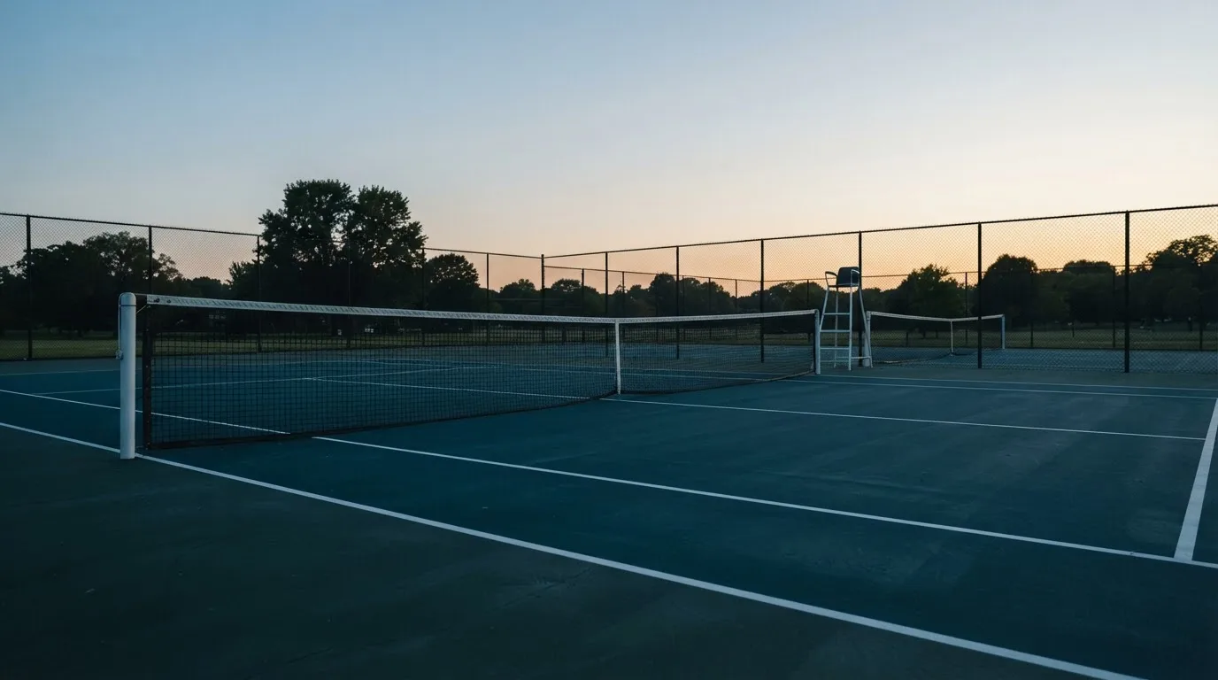 Ein Tennisplatz in der Dämmerung, Netz und Linien im Zwielicht, ohne Menschen und mit ruhigem Himmel.