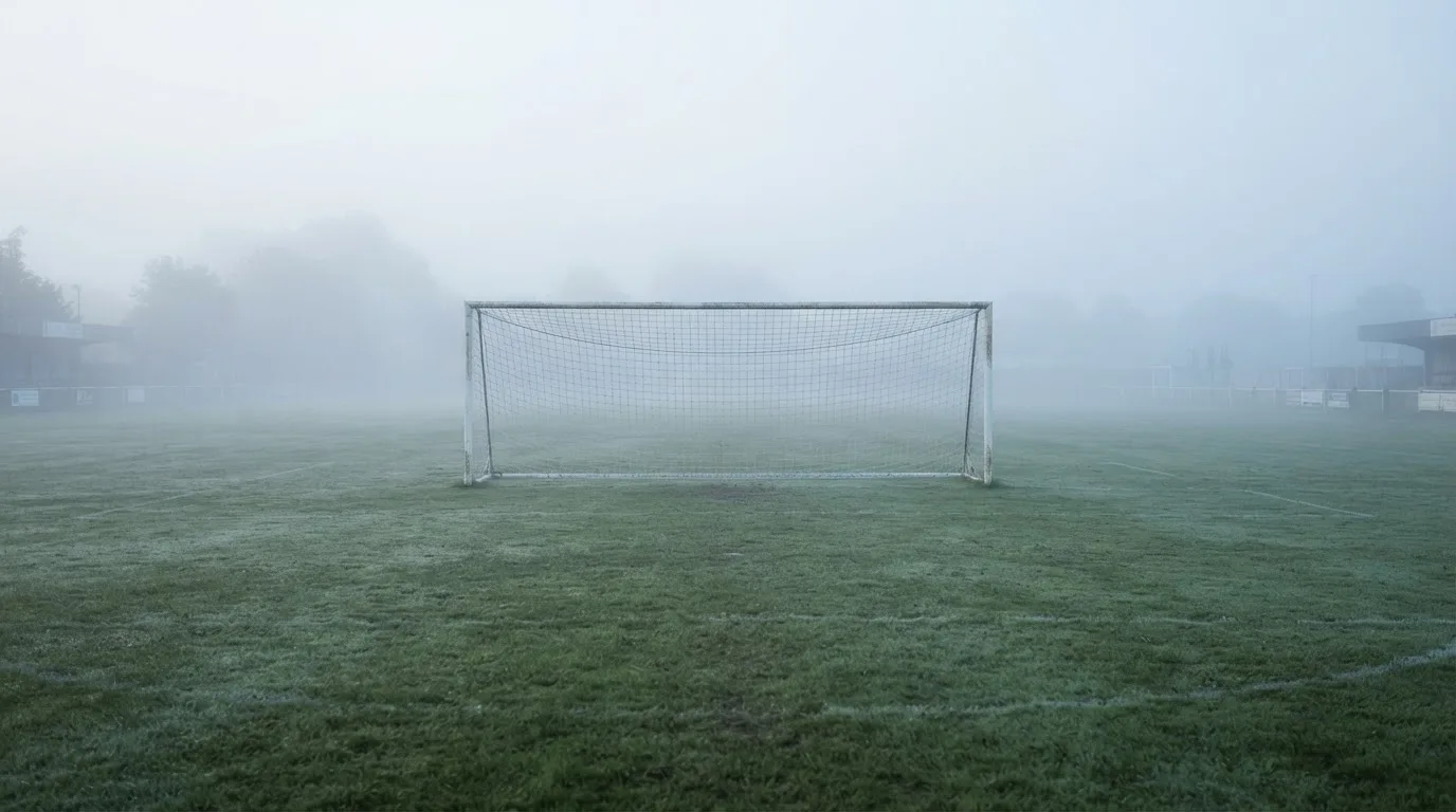 Ein Fußballtor mit Netz im Morgennebel auf einem leeren Platz, die Linien nur schwach zu erkennen.