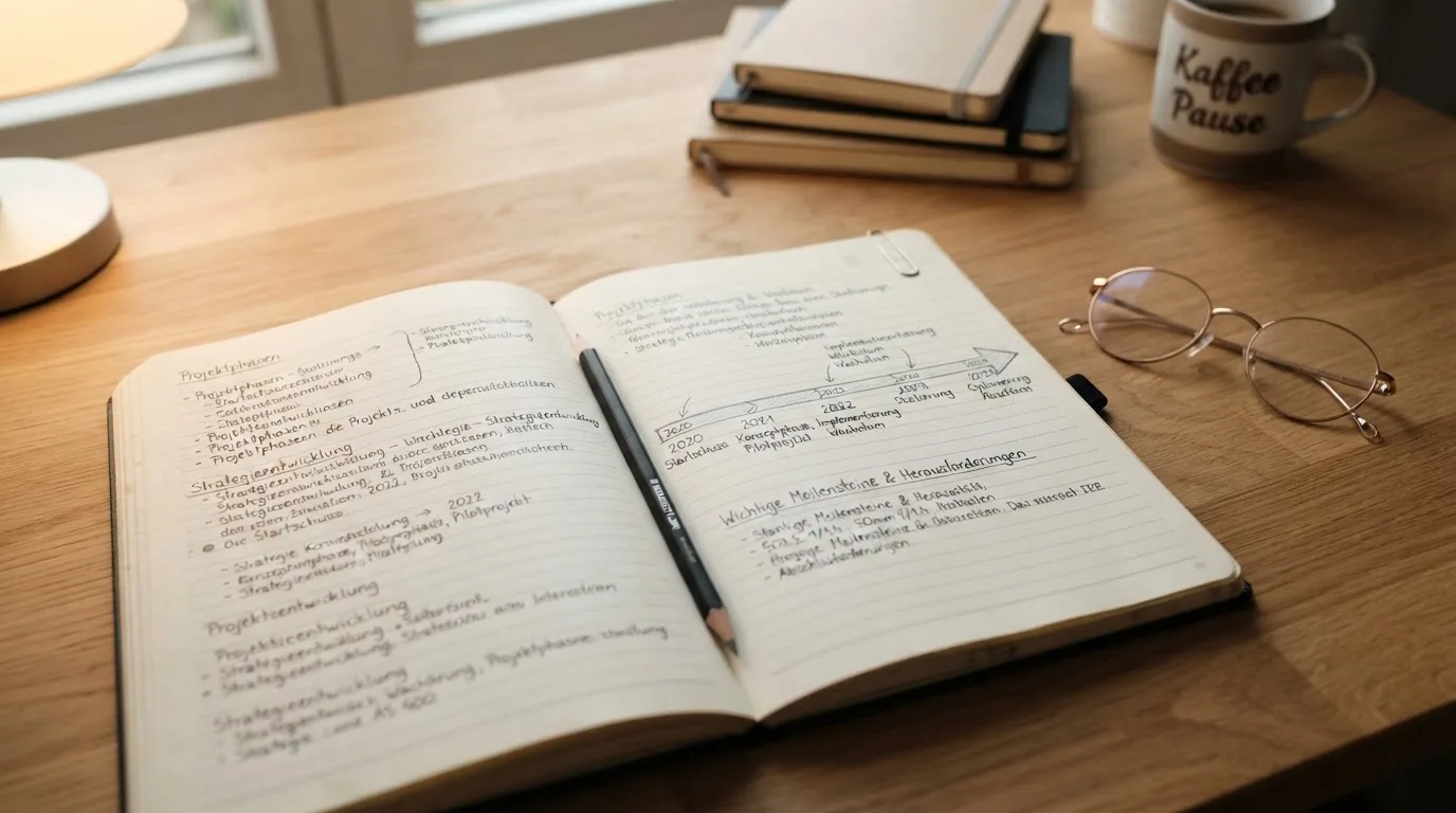 Ein Notizbuch mit handschriftlichen Skizzen neben einem Bleistift und einer Brille auf einem Schreibtisch.