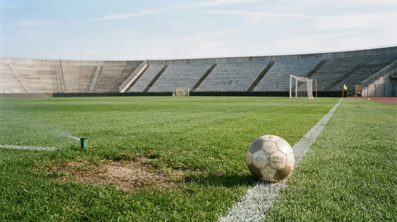 Ein Fußball liegt am Spielfeldrand eines Rasenplatzes, im Hintergrund eine leere Tribüne unter hellem Himmel.