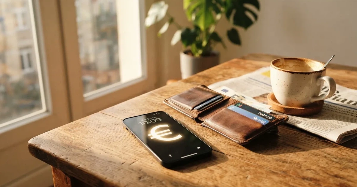 Ein Smartphone mit dunklem Bildschirm liegt auf einem Holztisch neben einem Portemonnaie und einer Kaffeetasse im Fensterlicht.