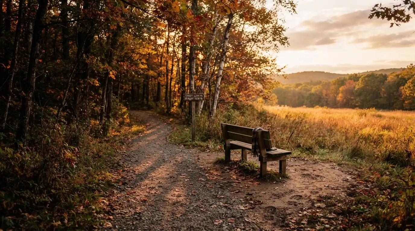 Ein Wanderweg am Waldrand bei Sonnenuntergang, eine Bank steht leer am Wegrand.