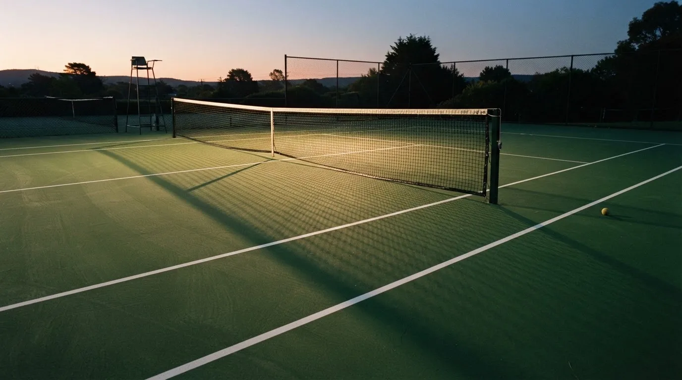 Ein Tennisplatz bei Sonnenaufgang, Netz und Linien im Streiflicht, kein Mensch zu sehen.