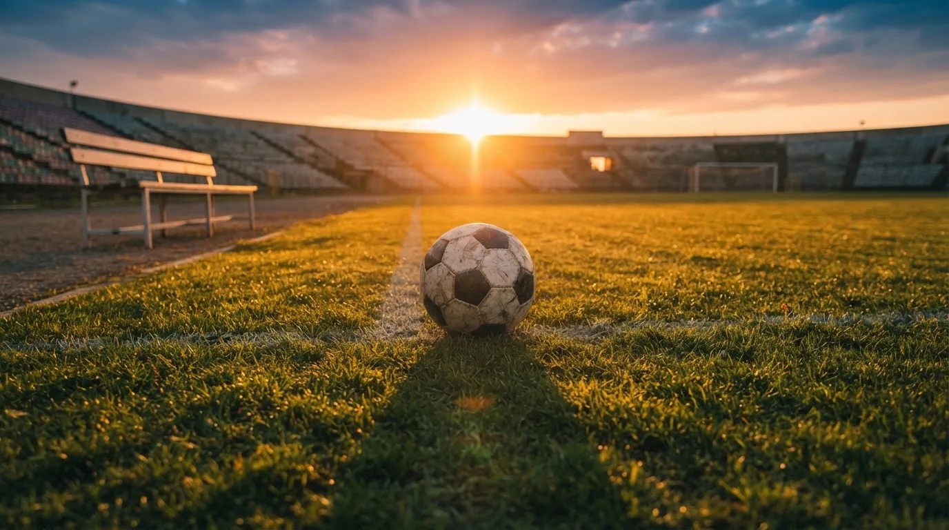 Ein Fußball auf einem Rasenplatz im Gegenlicht der tiefstehenden Sonne, am Rand eine leere Ersatzbank.