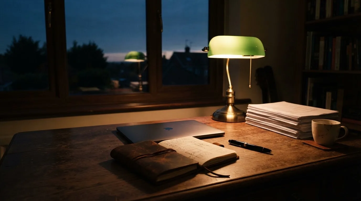 Ein Schreibtisch mit Lampe und geschlossenem Laptop in einem ruhigen Büro bei Abendlicht.