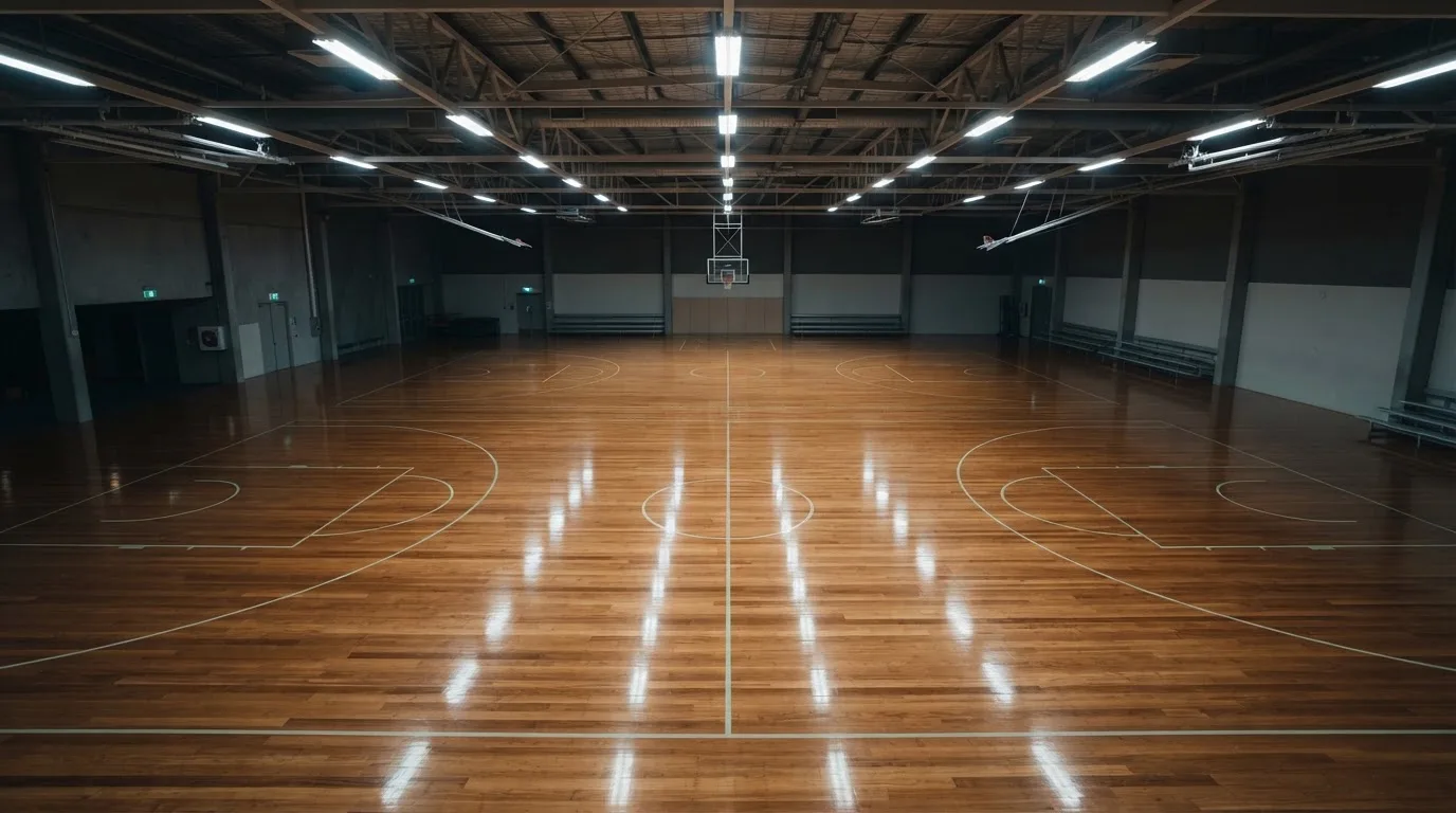 Ein Basketballfeld in einer leeren Halle, das Parkett spiegelt das Deckenlicht.