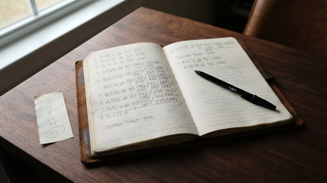 Ein Taschenrechner und ein Notizbuch mit handschriftlichen Zahlenreihen auf einem Schreibtisch neben einem Kugelschreiber.