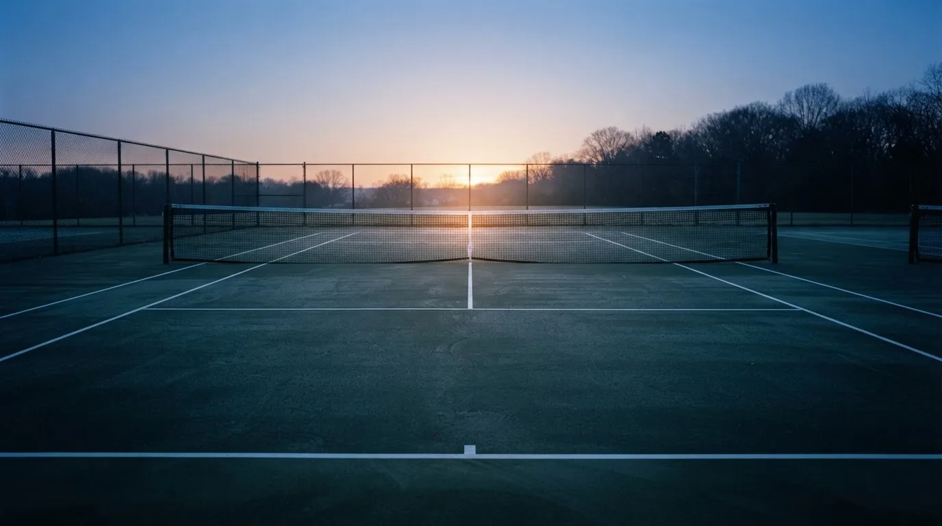 Ein Tennisplatz bei Sonnenaufgang, Netz und Linien im Streiflicht, ohne Menschen.