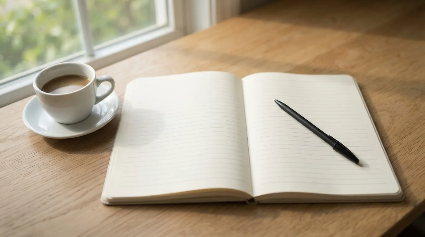 Ein aufgeschlagenes leeres Notizbuch mit Kugelschreiber neben einer Tasse Kaffee auf einem Tisch am Fenster.