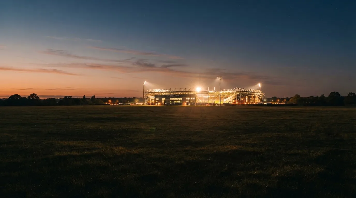 Ein Stadion unter Flutlicht aus der Ferne gesehen, im Vordergrund ein leeres Feld in der Dämmerung.