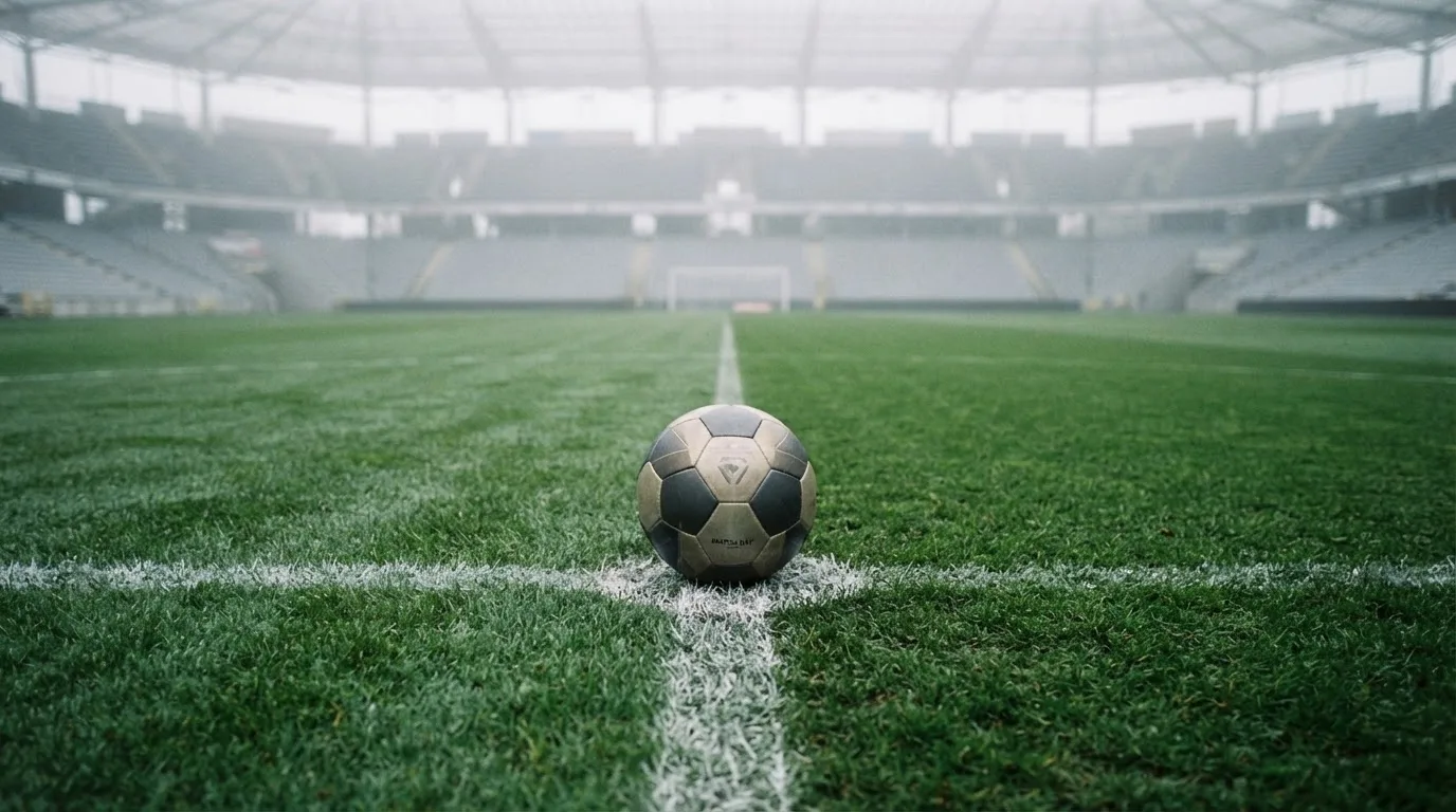 Ein Fußball liegt auf dem Anstoßpunkt eines leeren Rasenplatzes, im Hintergrund hängt Morgendunst über den Tribünen.