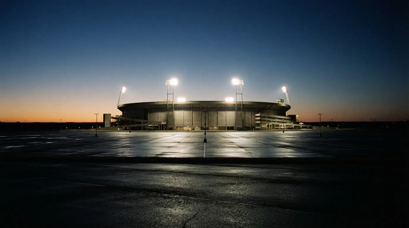Ein Fußballstadion unter Flutlicht, aus großer Entfernung bei Einbruch der Dunkelheit gesehen, davor ein leerer Parkplatz.