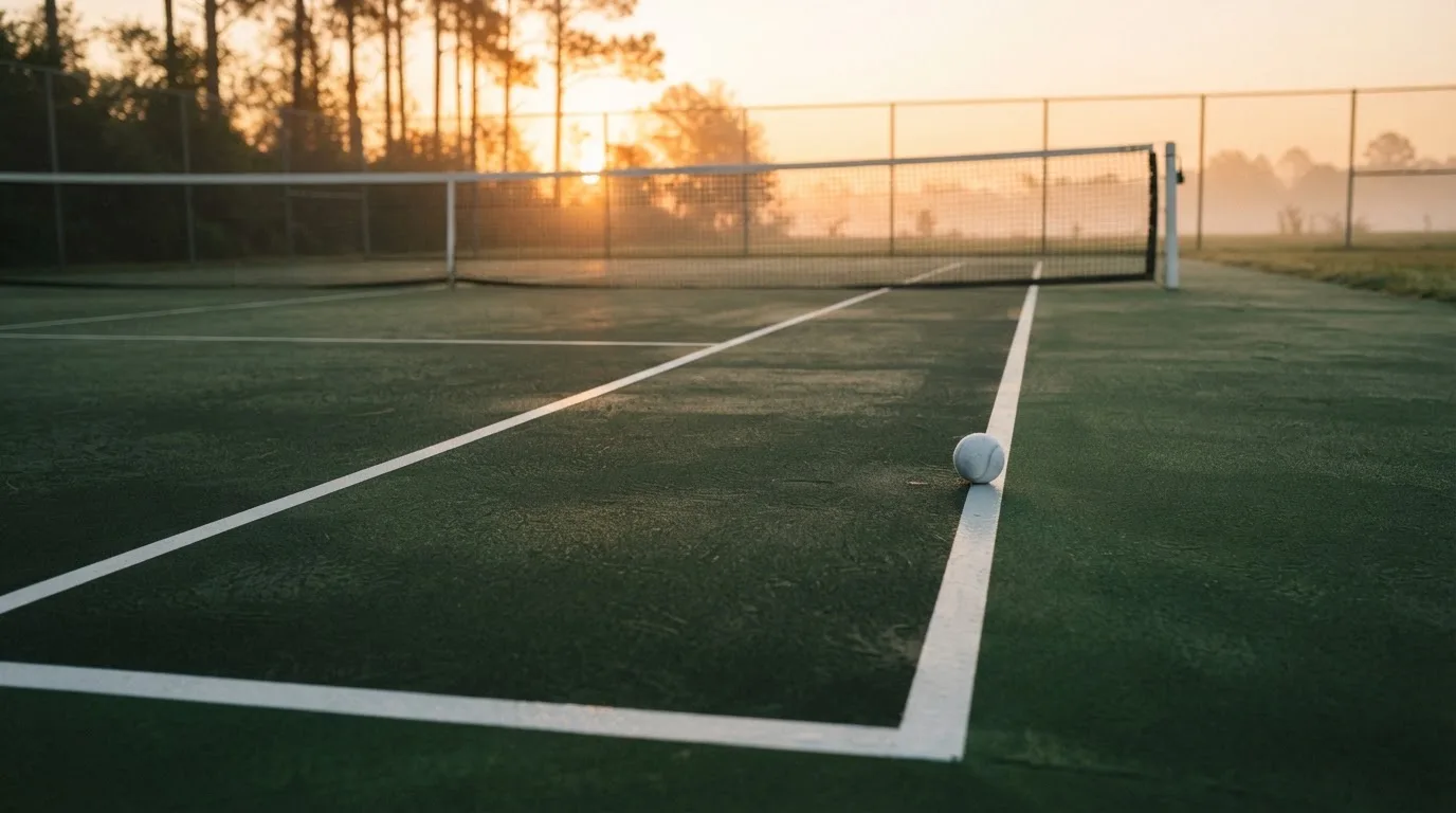 Ein Tennisplatz bei Sonnenaufgang, die Linien noch taufeucht, ein einzelner Ball liegt an der Grundlinie.