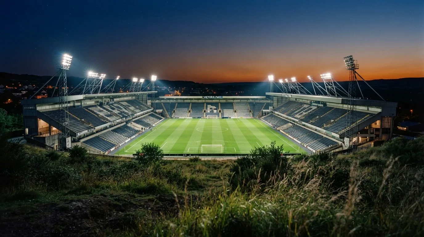 Ein leeres Stadion mit hell erleuchteten Rängen in der Abenddämmerung, von einem Hügel aus fotografiert.