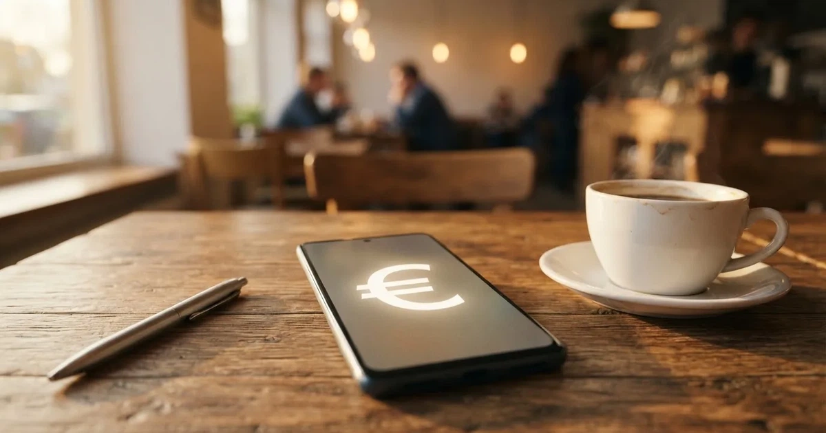 Ein Smartphone liegt mit dunklem Display auf einem Café-Tisch neben einer Tasse Kaffee und einem Kugelschreiber.