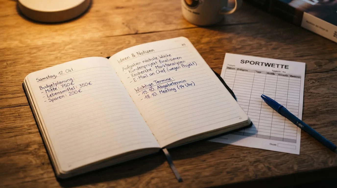 Ein Notizbuch mit handschriftlichen Notizen liegt aufgeschlagen neben einem leeren Papier-Wettschein auf einem Holztisch.