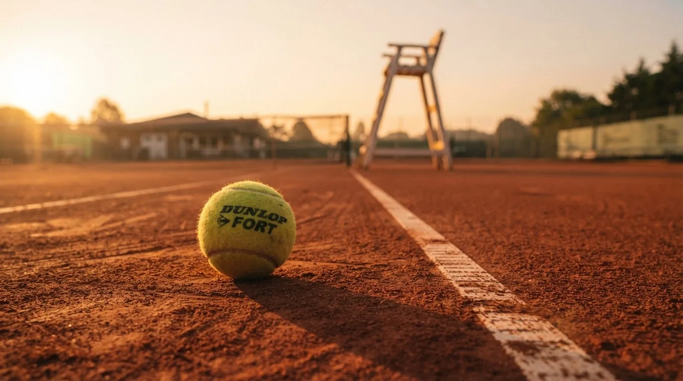 Ein Tennisball liegt auf einem roten Sandplatz bei Sonnenaufgang, im Hintergrund ein leerer Schiedsrichterstuhl.