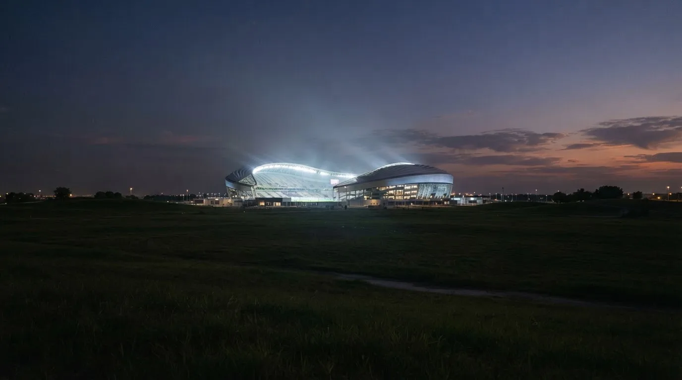 Ein Stadion unter Flutlicht aus der Ferne, davor ein stilles Feld im Dämmerlicht.