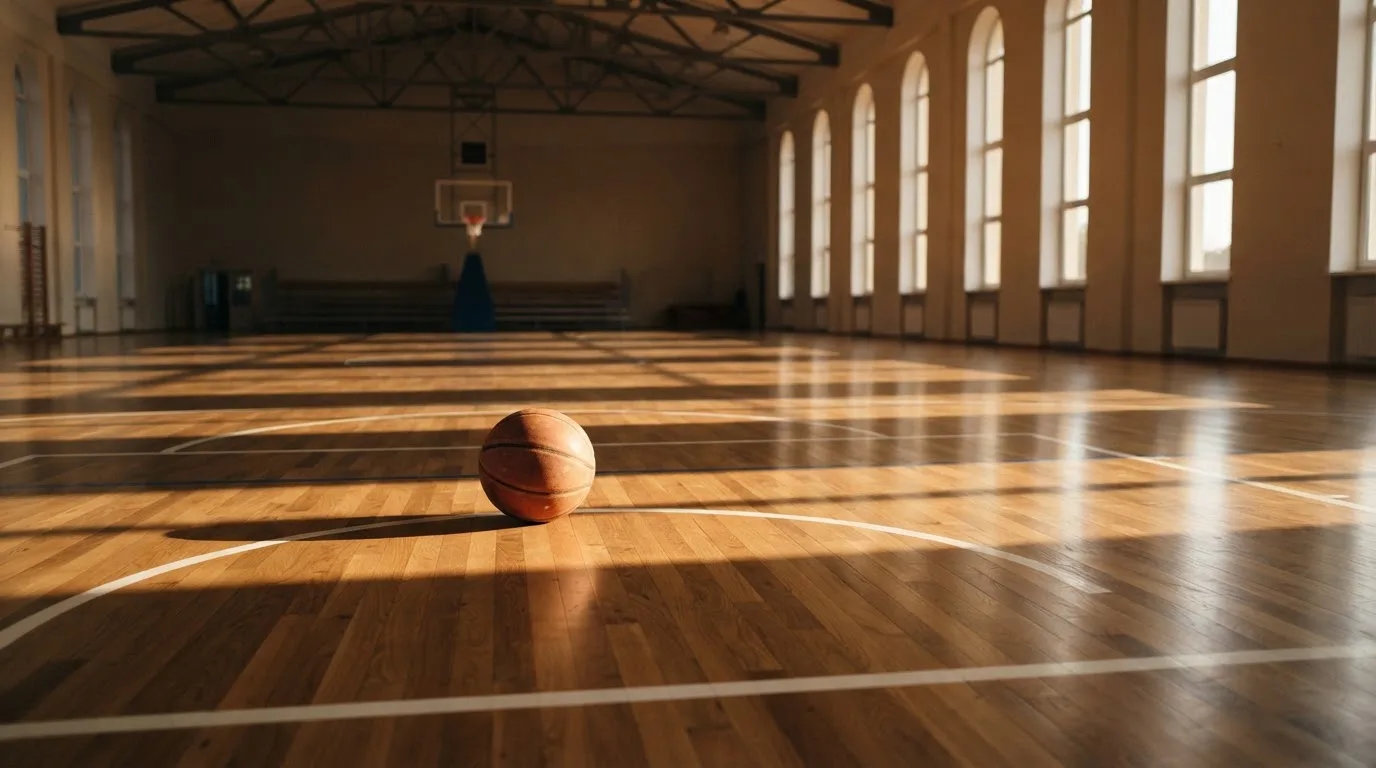 Ein Basketball liegt auf dem Parkett einer leeren Halle, Licht fällt durch hohe Fenster.