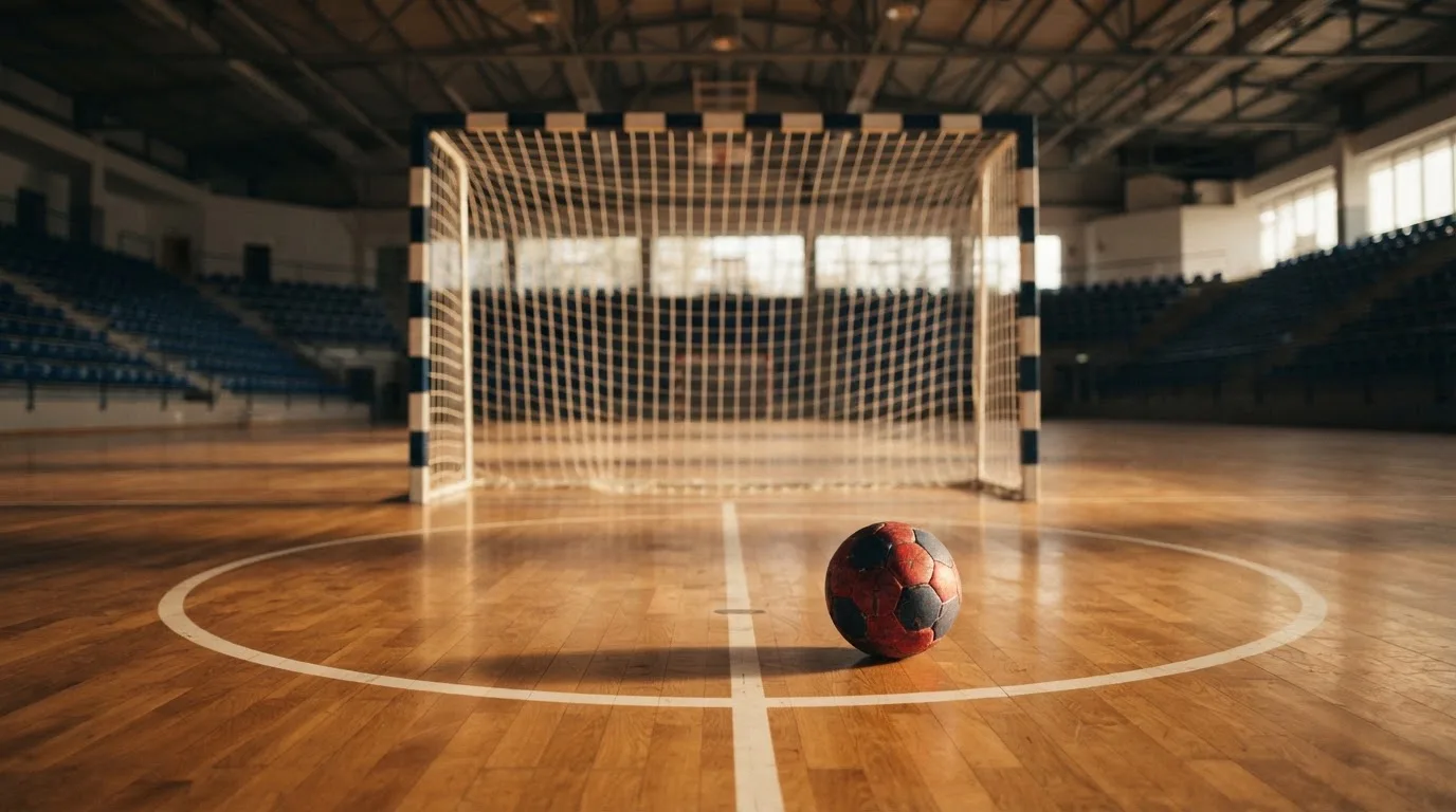 Ein Handball liegt in einer leeren Halle auf dem Boden vor dem Tor.