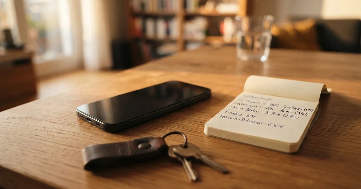 Ein Handy mit abgedunkeltem Display, ein Schlüsselbund und ein Notizblock liegen auf einem Holztisch.