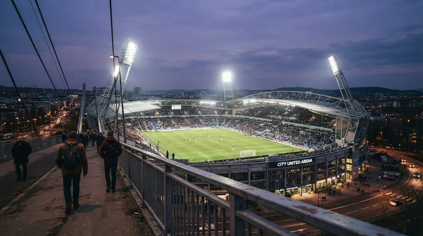 Ein Stadion bei Dämmerung mit eingeschalteten Flutlichtmasten, von einer Brücke aus aufgenommen.
