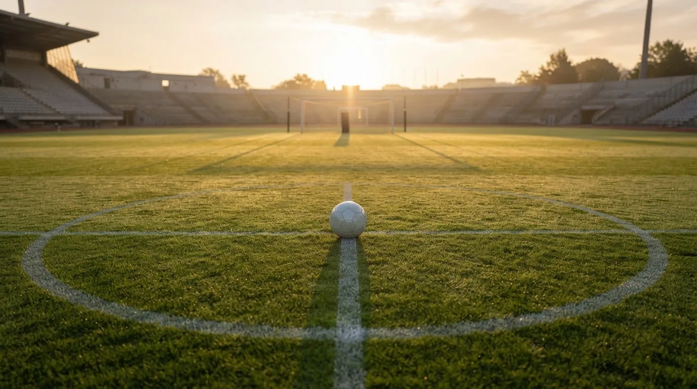 Ein Fußball liegt auf dem Anstoßkreis eines leeren Rasenplatzes im frühen Morgenlicht.
