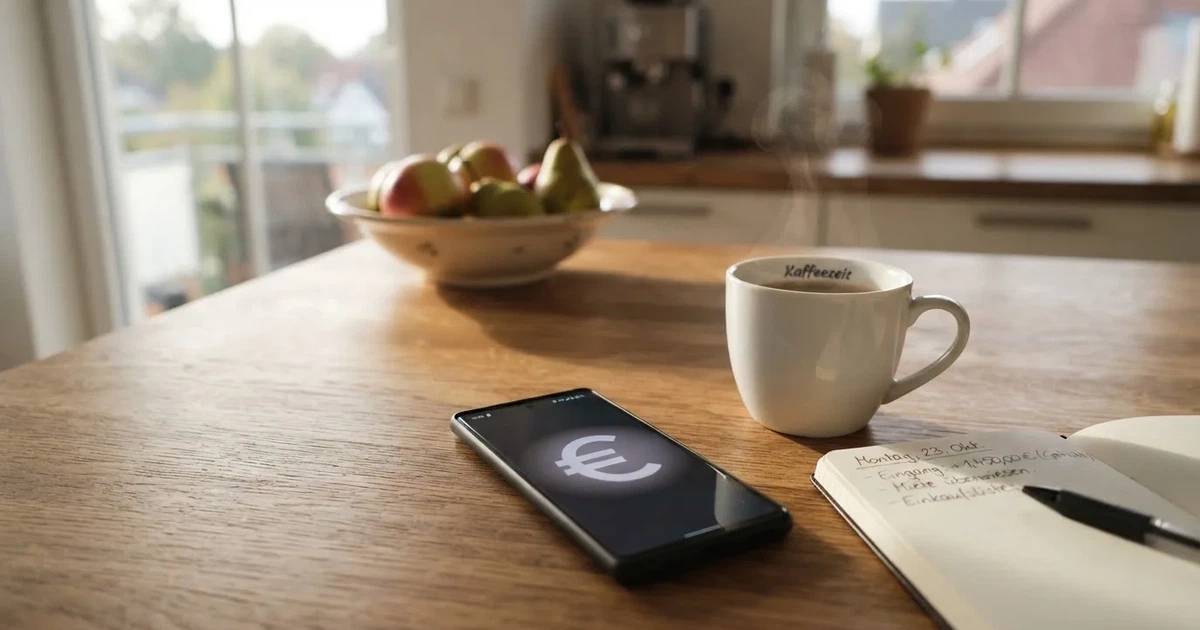 Ein Smartphone mit dunklem Display liegt neben einer Kaffeetasse und einem Notizbuch auf einem Küchentisch.