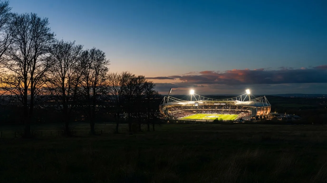 Ein Stadion unter Flutlicht aus großer Entfernung, davor die Silhouetten von Bäumen im Abendhimmel.