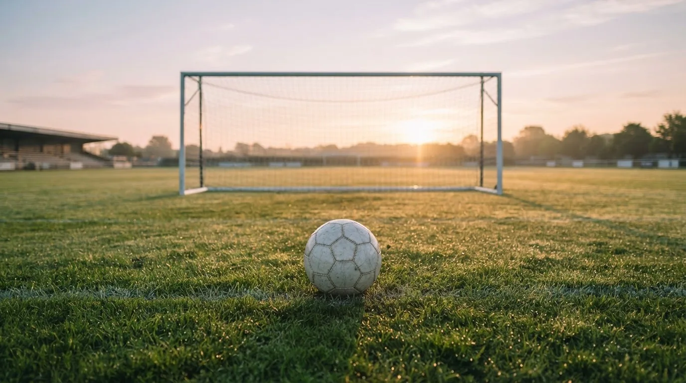 Ein Fußball auf dem Rasen vor einem leeren Tor im frühen Morgenlicht.